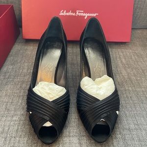 Salvatore Ferragamo Black Satin Open Toe Heels